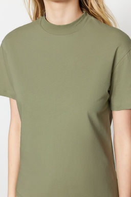 Yag Yesili-Gri 2li Paket %100 Pamuk Basic Dik Yaka Orme T-Shirt TWOSS20TS1500