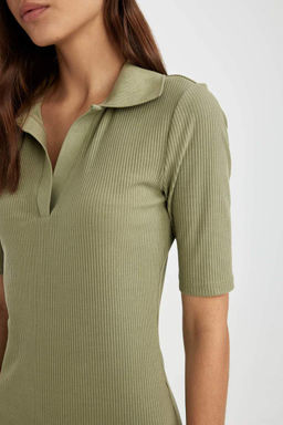 Облегающее платье миди с воротником-поло в рубчик и короткими рукавами - Defacto фото 7