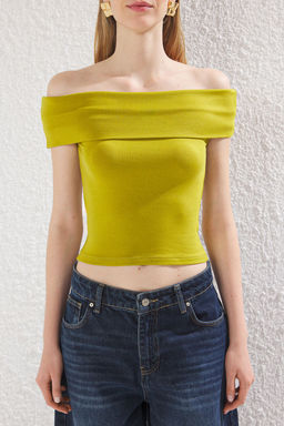 Trendyolmilla Siyah Carmen Yaka Fitted/Vucuda Oturan Orme Bluz TWOSS25BZ00126  фото 11