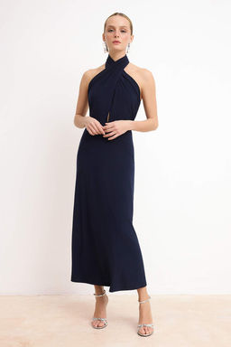 Lacivert Orme Asimetrik Yaka Midi Astarl? Elbise TPRSS26EL00063