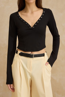 Siyah Fitted/Vucuda Oturan V Yaka C?tc?tl? Crop Premium Yumusak Orme Bluz TWOSS26BZ00056 - Trendyolmilla фото 3