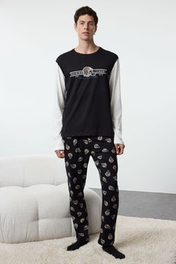 Trendyolmilla Man Erkek Siyah Bask?l? Regular Fit Orme %100 Pamuk Pijama Tak?m? TMNAW25PT00000  фото 2