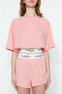 Trendyolmilla Ac?k Pembe Pamuklu Slogan Lastik Detayl? Sortlu Orme Pijama Tak?m? THMSS23PT00154  фото 6