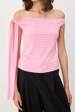 Pembe Asimetrik Yaka Kolsuz Sandy Party Bluz TPRSS26BZ00060