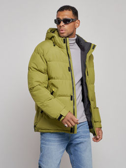 Куртка спортивная болоньевая мужская зимняя с капюшоном зеленого цвета 3111Z
