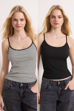 Cok Renkli-Siyah Cizgili Fitted/Vucuda Oturan Havuz Yaka Fitilli Esnek Orme Atlet TWOSS26AL00010