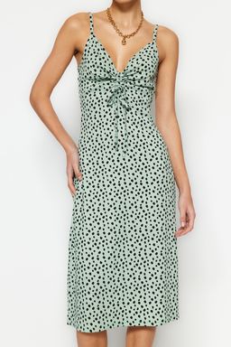 Mint Puantiye Bask?l? Burumcuk Belden Ac?lan/Skater Ask?l? Midi Orme Elbise TWOSS23EL01454