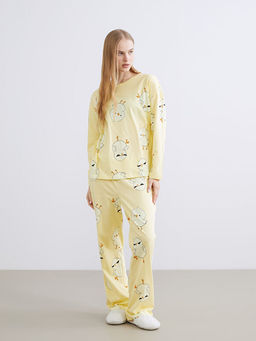 Bisiklet Yaka Bask?l? Kad?n Pijama Tak?m?