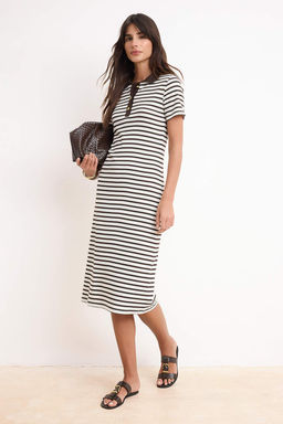 Kahverengi Cizgili Polo Yaka Midi Esnek Orme Elbise TWOSS25EL00360