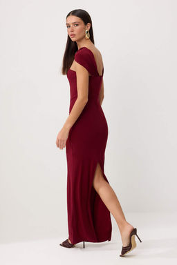 Bordo Duz Dokuma Sandy Maxi Abiye & Mezuniyet Elbisesi - Trendyolmilla фото 3