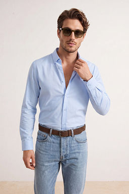 A__k Mavi Normal Kal_p/Regular Fit %100 Pamuk Yazl_k Erkek Dokuma G_mlek TMNSS26GO00027