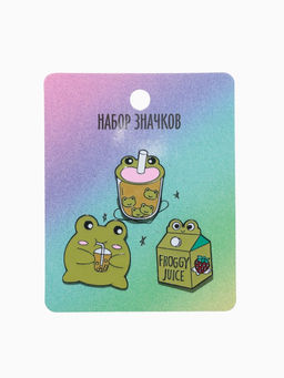 Набор значков (3 шт.) Лягушачьи напитки, цвет зелёный в чёрном металле