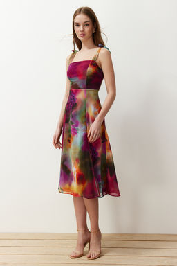 TRENDYOLMILLA Yesil Cicekli A Kesim Y?rtmacl? S?rt? Gipe Detayl? Sifon Astarl? Midi Dokuma Elbise TWOSS24EL00699 фото 13