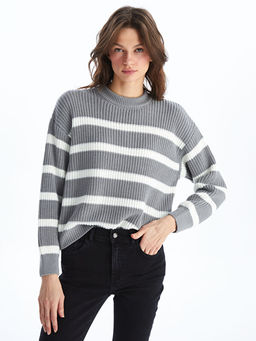 Bisiklet Yaka ?izgili Uzun Kollu Oversize Kad?n Triko Kazak