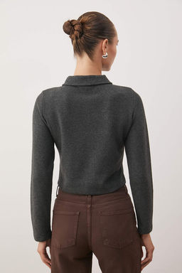 Antrasit Melanj Dugmeli Polo Yaka Crop Esnek Orme Bluz TWOAW26BZ00272