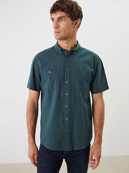 Regular Fit K?sa Kollu Keten G?r?n?ml? Erkek G?mlek