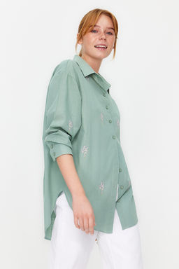 TRENDYOLMILLA Ekru Cicek Nak?s Detayl? Pamuklu Oversize Genis Kesim Dokuma Gomlek TWOSS22GO0246 фото 4