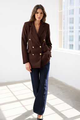 Koyu Kahverengi Astarl? Kruvaze Kapama Dokuma Blazer Ceket TWOSS20CE0024