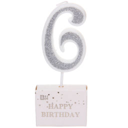 Цена за 10 шт. Свеча для торта Цифра Иллюзия "6" 9,5 см, серебро