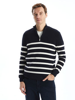 Dik Yaka Uzun Kollu ?izgili Erkek Triko Kazak