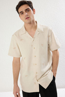 TRENDYOL MAN Ekru Regular Fit K?sa Kollu Nak?sl? Keten Gorunumlu Yazl?k Gomlek TMNSS25GO00025 - Trendyolmilla фото 2