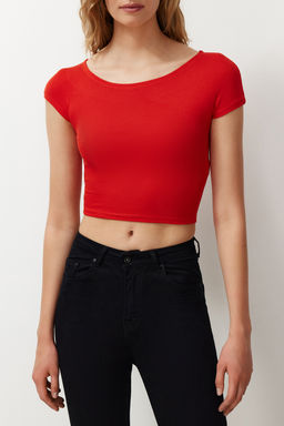 K?rm?z? Bisiklet Yaka Ay Kol Crop Orme Bluz TWOSS24BZ00446