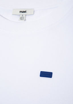 Bisiklet Yaka Basic Beyaz Tisort - Mavi фото 9
