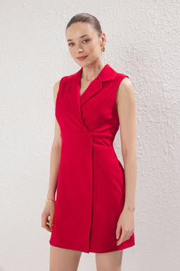 K?rm?z? eket Yaka Dugmeli Mini Dokuma Elbise TWOSS25EL00625