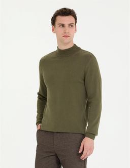 Koyu Haki Slim Fit Yar_m Bal_k__ Yaka Basic Triko Kazak