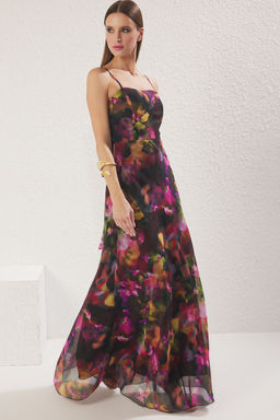 TRENDYOLMILLA Cok Renkli A-Kesim Fiyonklu Astarl? Sifon Dokuma Uzun S?k Abiye & Mezuniyet Elbise TPRSS25AE00152  фото 11