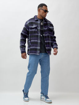 Куртка рубашка шерстяная в клетку мужская демисезонная темно-фиолетового цвета 58569TF