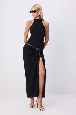 Siyah Halter Yaka Shift/D_z Kesim Maxi Kemerli Dokuma Abiye & Mezuniyet Elbisesi TPRSS26AE00217