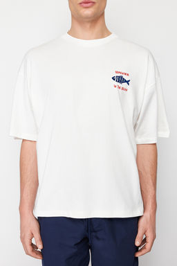 Ekru Oversize/Genis Kesim %100 T-Shirt TMNSS22TS0318