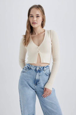 Крутой трикотажный кардиган стандартного кроя с V-образным вырезом - Defacto фото 4