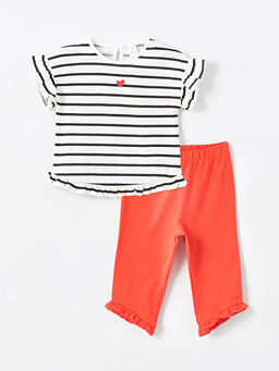 Bisiklet Yaka K?sa Kollu ?izgili K?z Bebek Bluz ve Tayt 2li Tak?m