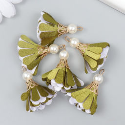 Декор текстиль Цветок 2 с жемчужиной. Оливковый и белый, набор 6 шт., 3 см