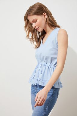 Trendyolmilla Mavi V Yaka Belden Baglamal? Dokuma Bluz TWOSS20BZ0898  фото 2