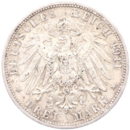 Монета 3 марки 1911 года F Германия (Вюртемберг) 25 лет свадьбе Вильгельма II и Шарлотты