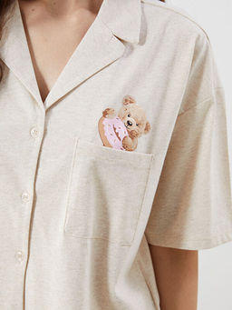 G?mlek Yaka Ay? Teddy Bask?l? Kad?n Pijama Tak?m?
