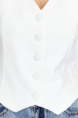 Beyaz Fitted Fitted Dugmeli Crop Dokuma Yelek TWOSS21YE0009