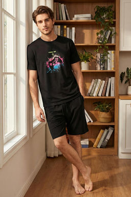 TRENDYOL MAN Siyah Regular Fit Game Bask?l? Orme Sortlu Pijama Tak?m? TMNSS25PT00075 - Trendyolmilla фото 5