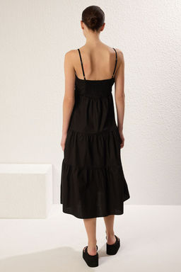 Siyah Etegi Belden Ac?lan Fiyonklu Poplin Midi Dokuma Elbise TWOSS25EL00052 - Trendyolmilla фото 5