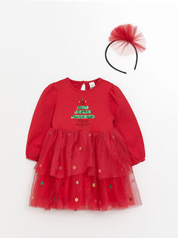 Bisiklet Yaka Uzun Kollu Bask?l? K?z Bebek Elbise