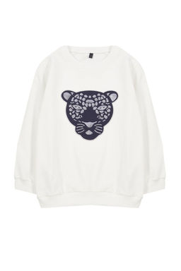 Ekru Erkek Cocuk Mevsimlik-Ince Kaplan Desenli Pamuklu Orme Sweatshirt TKDAW25SW00011