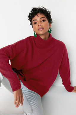 Bordo Genis Kal?p Yumusak Dokulu Dik Yaka Triko Kazak TWOAW23KZ00469