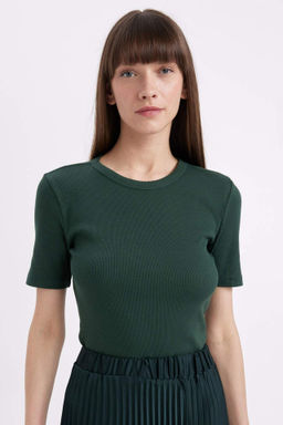 Slim Fit Dar Kesim Bisiklet Yaka Fitilli Kaskorse Basic Duz K?sa Kollu Tisort - Defacto фото 6
