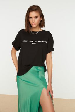 Siyah %100 Pamuk Slogan Bask?l? Relaxed/Genis Rahat Kesim Bisiklet Yaka Orme T-Shirt TWOSS19GH0034