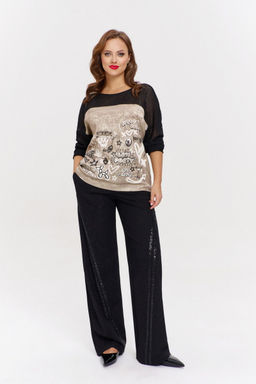 Бежевый джемпер из трикотажа с кружевной сеткой и принтом AVE RARA 2208 античное_золото  фото 2