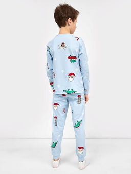 Хлопковый комплект (лонгслив и брюки) бледно-голубого цвета с новогодними рисунками - Mark formelle фото 3