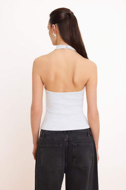 Gri Melanj Fitted/Vucuda Oturan Degaje Yaka Kolsuz Pamuk Ribana Orme Bluz TWOSS26BZ00630 - Trendyolmilla фото 4